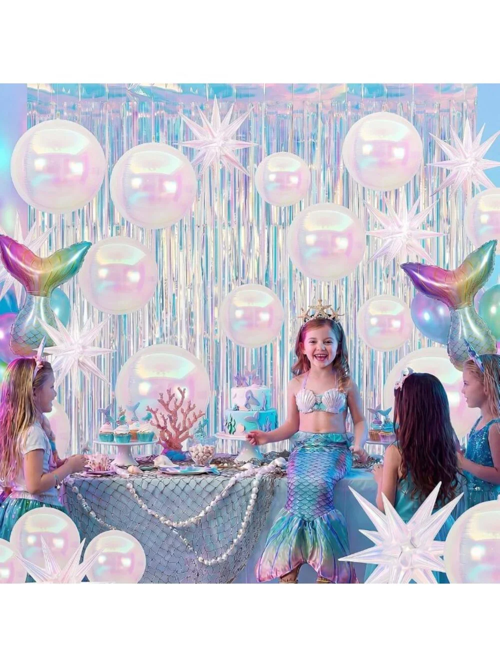 24 Pcs Mermaid Party Decor Set - 22'' Iridescent Balloons & Tinsel Curtains
